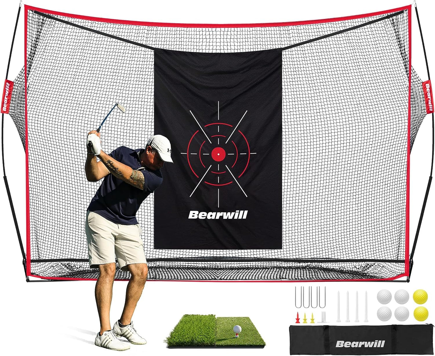 Golf Net, 10X7Ft Heavy Duty Practice Net with Mat, Target Cloth, 8 Tees, 6 Balls, Carry Bag - Training for Backyard Driving Chipping Indoor Outdoor