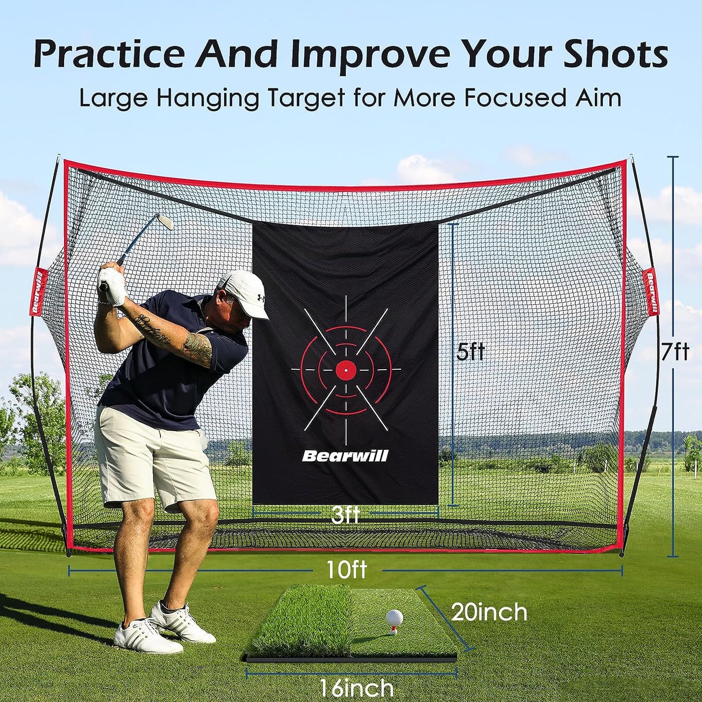 Golf Net, 10X7Ft Heavy Duty Practice Net with Mat, Target Cloth, 8 Tees, 6 Balls, Carry Bag - Training for Backyard Driving Chipping Indoor Outdoor