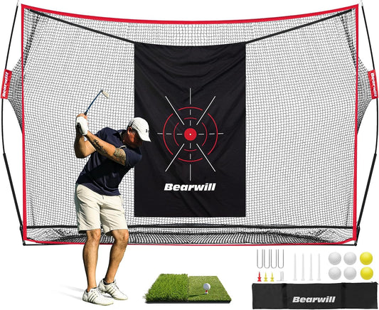 Golf Net, 10X7Ft Heavy Duty Practice Net with Mat, Target Cloth, 8 Tees, 6 Balls, Carry Bag - Training for Backyard Driving Chipping Indoor Outdoor